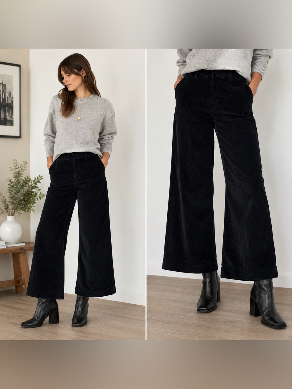 Theory Black Corduroy Wide Leg Cropped Pants Size 2